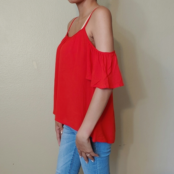 One Clothing - Red/Orange Cold Shoulder Blouse  XS - Picture 2 of 5